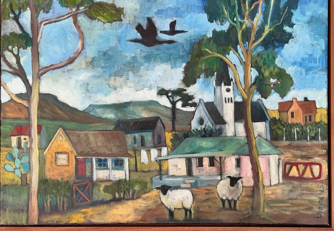 A painting in my SMALL TOWNS/DORPIE series. 62 x 44cm, oil on canvas, framed in a wooden box frame.